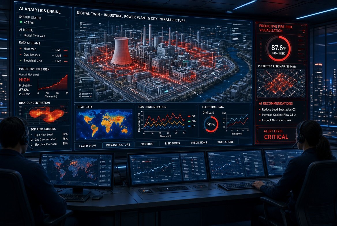 Digital-twin control room monitoring an industrial plant and city infrastructure