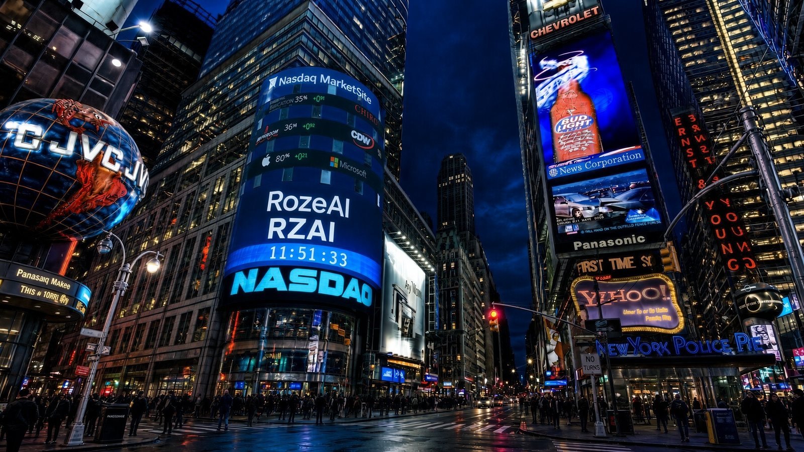 RozeAI, RZAI on the Nasdaq tower in Times Square