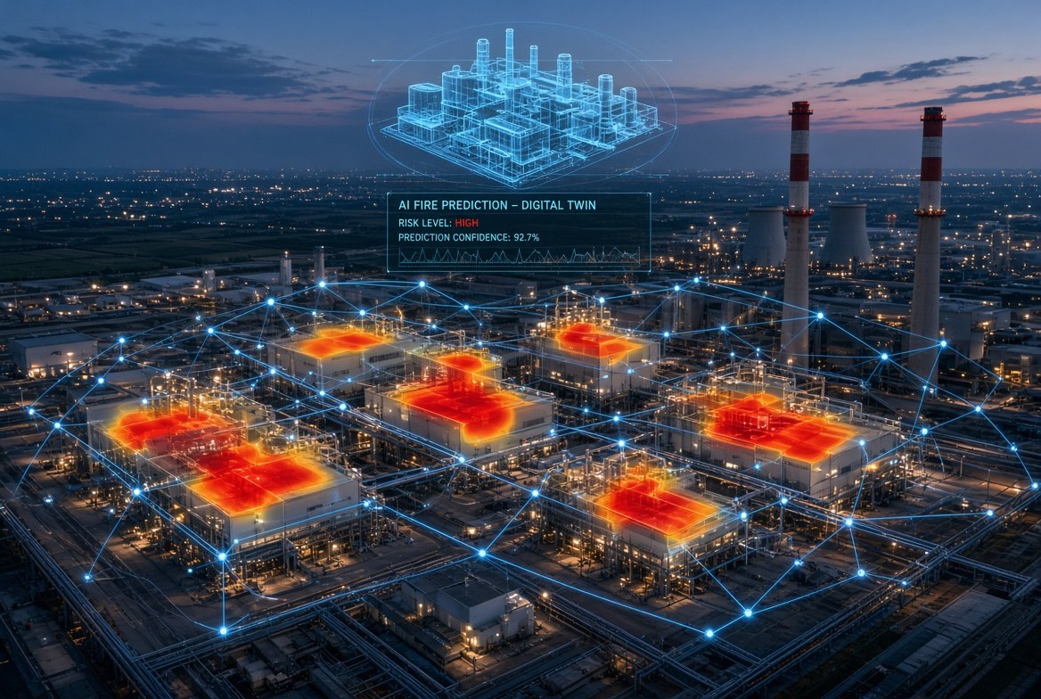 AI fire-prediction digital twin over an industrial plant